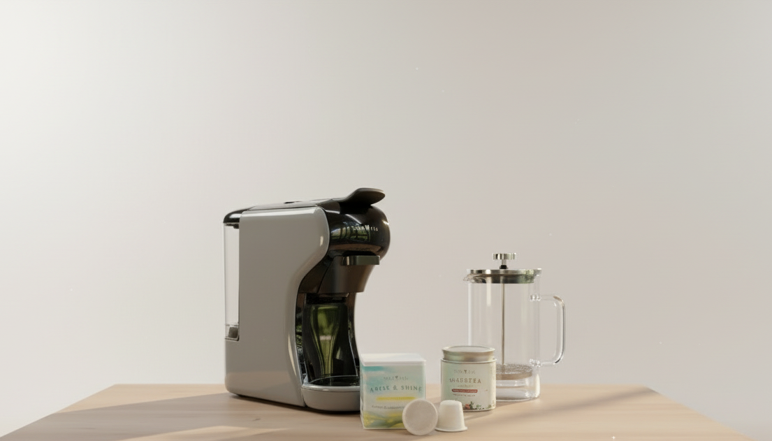 Coffee maker and accessories on a wooden table with a plain background